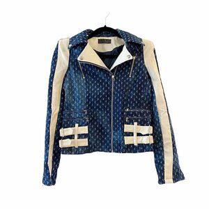 TOV Womens Moto Denim Jean Jacket Blue Zip Up Collar Lined Pockets Denim Large